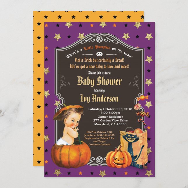 Halloween baby shower retro chalkboard black gold invitation (Front/Back)