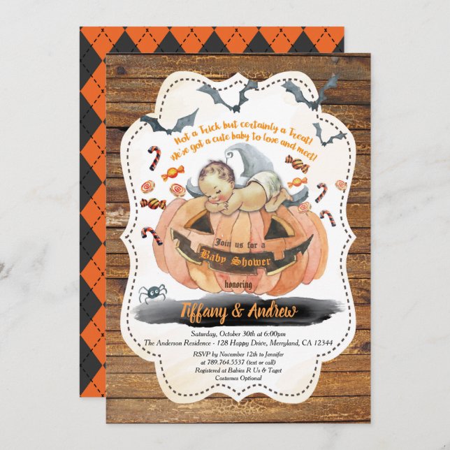 Halloween baby shower rustic pumpkin invitation (Front/Back)