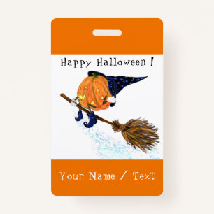 Halloween Badge Witch Pumpkin Flying Add Name Text ID Badge