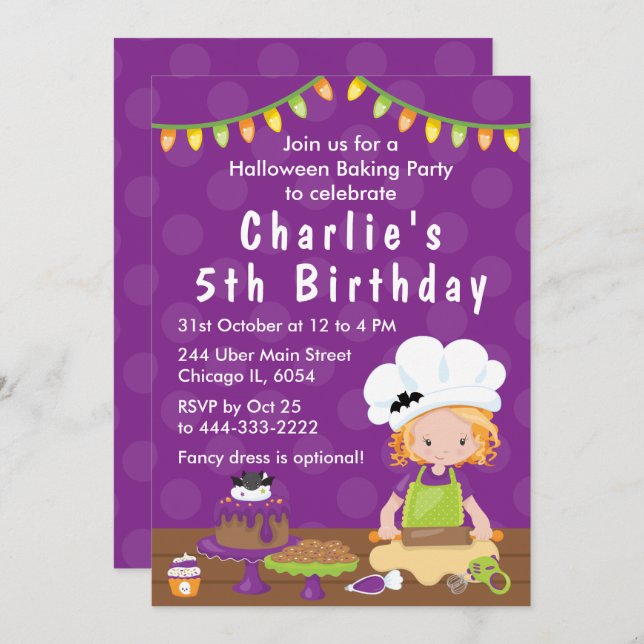 Halloween Baking Birthday Red Hair Girl Invitation (Front/Back)