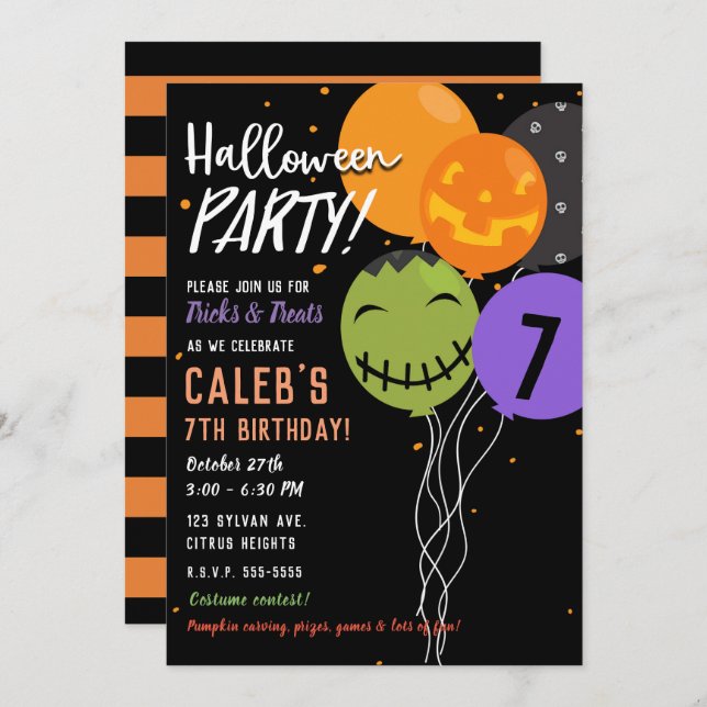 Halloween Balloons Festive Fun Cute Birthday Party Invitation (Front/Back)