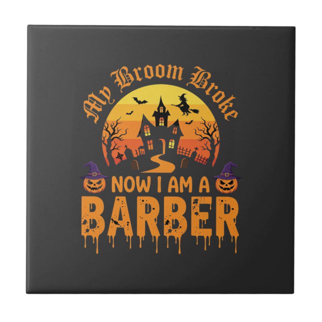 Halloween Barber Witch Broom Broke Haunted House D Ceramic Tile (Front)