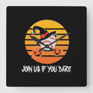 Halloween Baseball Halloween Witch Hat Pumpkin Square Wall Clock