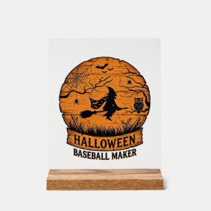 Halloween Baseball Maker Flying Witch Wooden Moon  Acrylic Sign