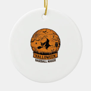 Halloween Baseball Maker Flying Witch Wooden Moon  Ceramic Ornament