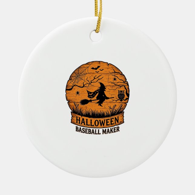 Halloween Baseball Maker Flying Witch Wooden Moon  Ceramic Ornament (Front)