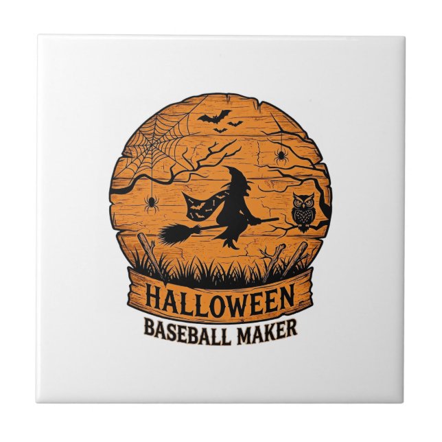 Halloween Baseball Maker Flying Witch Wooden Moon  Ceramic Tile (Front)
