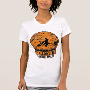 Halloween Baseball Maker Flying Witch Wooden Moon T-Shirt