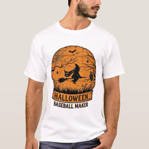 Halloween Baseball Maker Flying Witch Wooden Moon T-Shirt