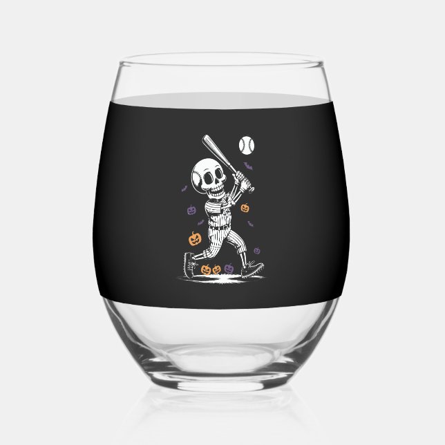 Halloween Baseball Skeleton Hitting Stemless Wine Glass (Front)