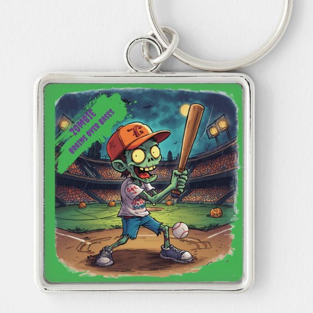 Halloween Baseball, Zombie,Brains Over Bases  Key Ring (Front)