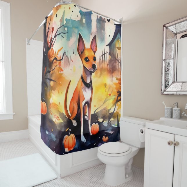 Halloween Basenji With Pumpkins Scary  Shower Curtain (In Situ)