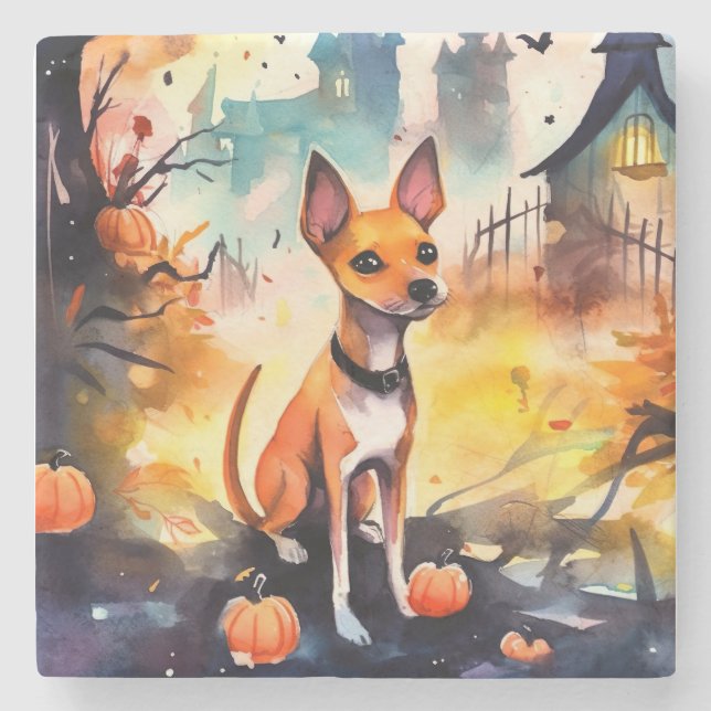 Halloween Basenji With Pumpkins Scary  Stone Coaster (Front)