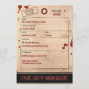 Halloween Bash Adult Toe Tag Morgue Blood Party Invitation