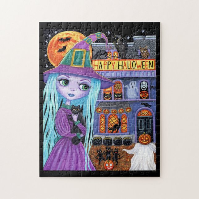 Halloween Bash Black Cat Cute Witch Haunted House Jigsaw Puzzle (Vertical)