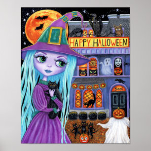 Halloween Bash Black Cat Cute Witch Haunted House Poster