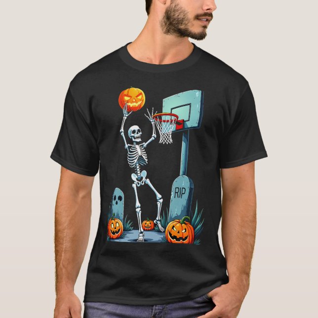 Halloween Basketball Skeleton Pumpkin T-Shirt (Front)