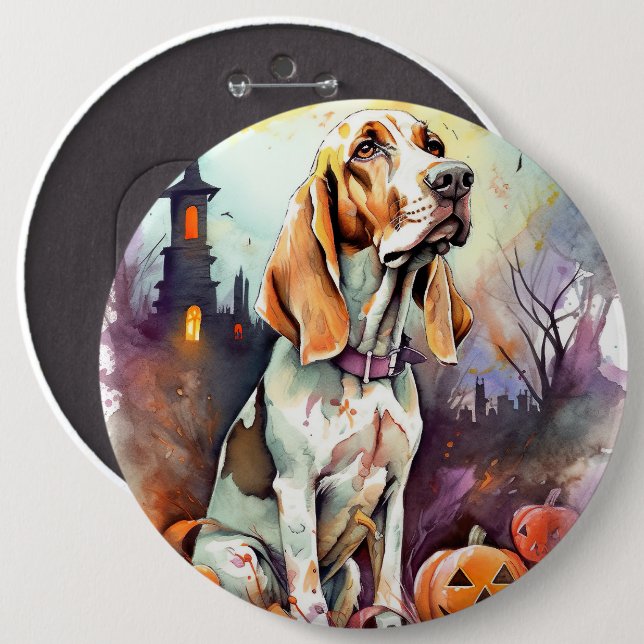 Halloween Basset Hound With Pumpkins Scary 6 Cm Round Badge (Front & Back)