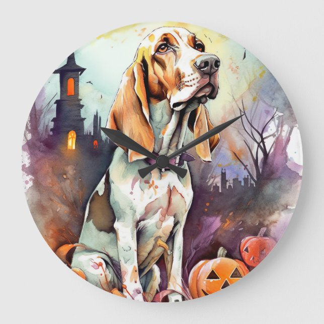 Halloween Basset Hound With Pumpkins Scary  Large Clock (Front)