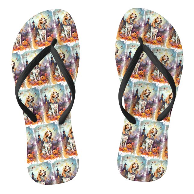 Halloween Basset Hound With Pumpkins Scary Thongs (Footbed)