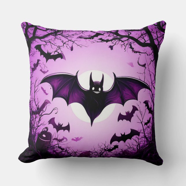 Halloween Bat Flying Over Moonlit Sky Cushion (Front)