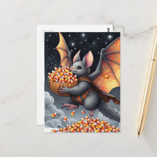 Halloween Bat Flying Squirrel Hybrid with Candy Postcard (Front/Back In Situ)