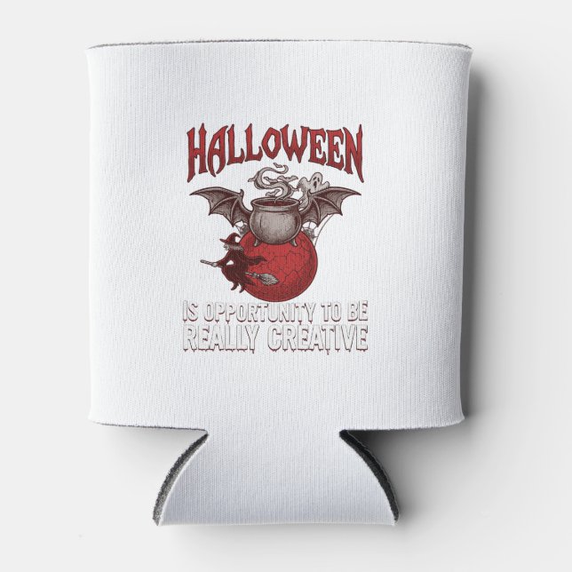Halloween Bat Winged Cauldron Flying Witch Ghost Can Cooler (Front)