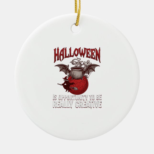 Halloween Bat Winged Cauldron Flying Witch Ghost Ceramic Ornament (Front)