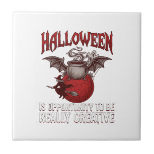 Halloween Bat Winged Cauldron Flying Witch Ghost Ceramic Tile