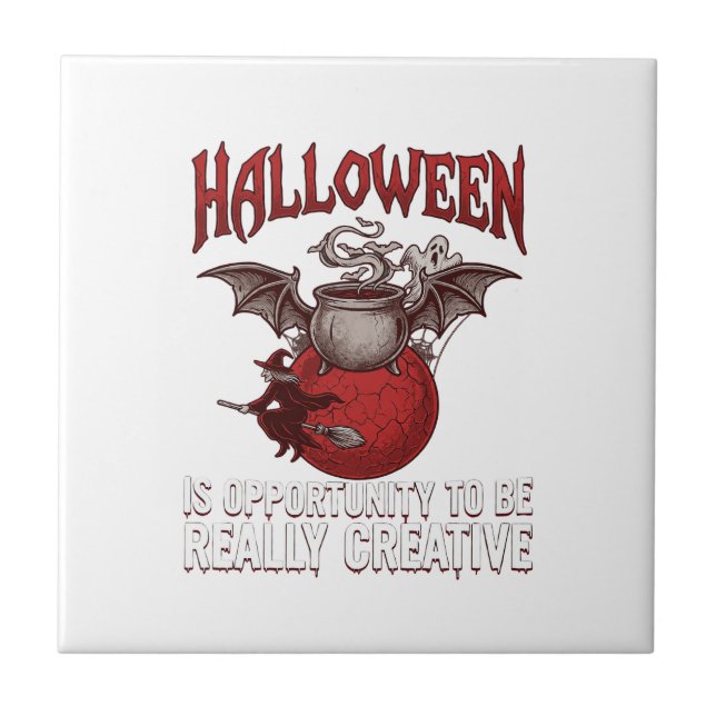 Halloween Bat Winged Cauldron Flying Witch Ghost Ceramic Tile (Front)