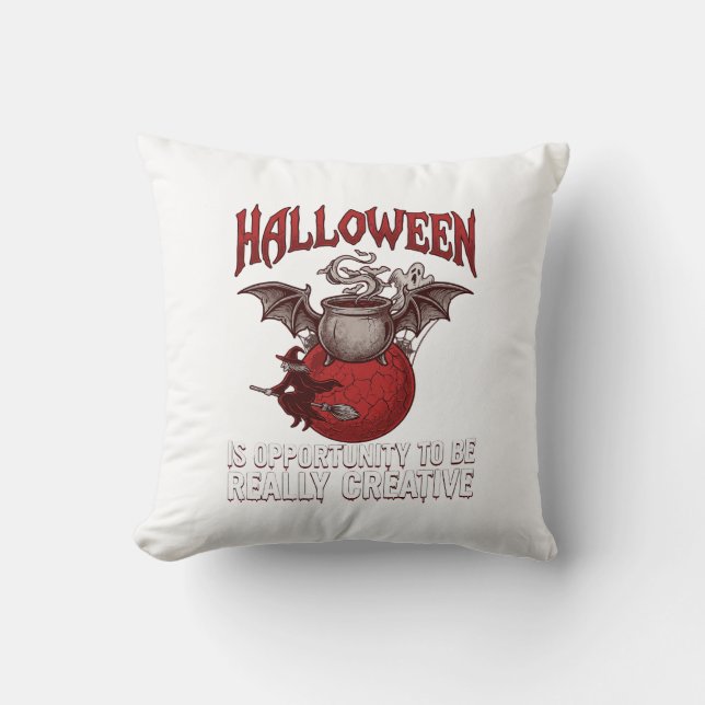 Halloween Bat Winged Cauldron Flying Witch Ghost Cushion (Front)