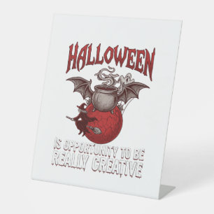 Halloween Bat Winged Cauldron Flying Witch Ghost Pedestal Sign
