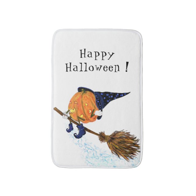 Halloween Bath Mat Witch Pumpkin Flying Broom (Front Vertical)