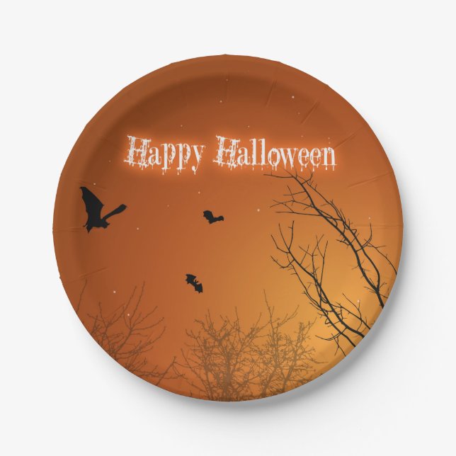 Halloween Bats and Trees Paper Plate (Front)