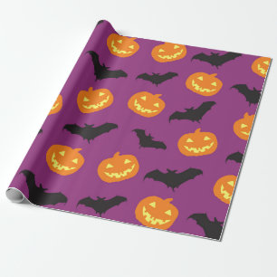 Halloween Bats & Carved Pumpkins on Purple Wrapping Paper