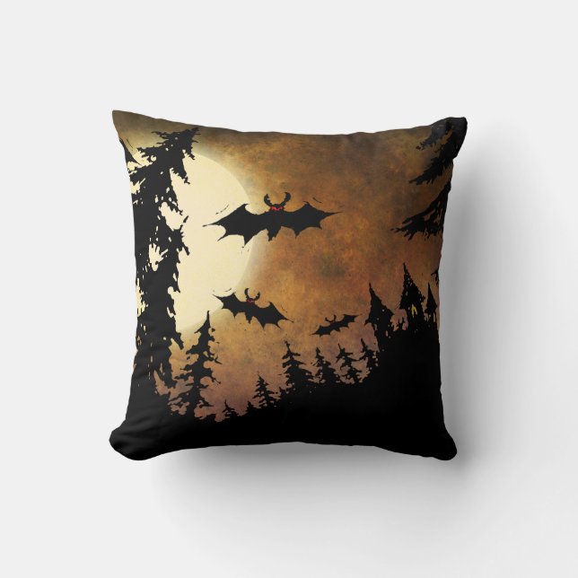 Halloween Bats, Castle and Moon Cushion (Front)