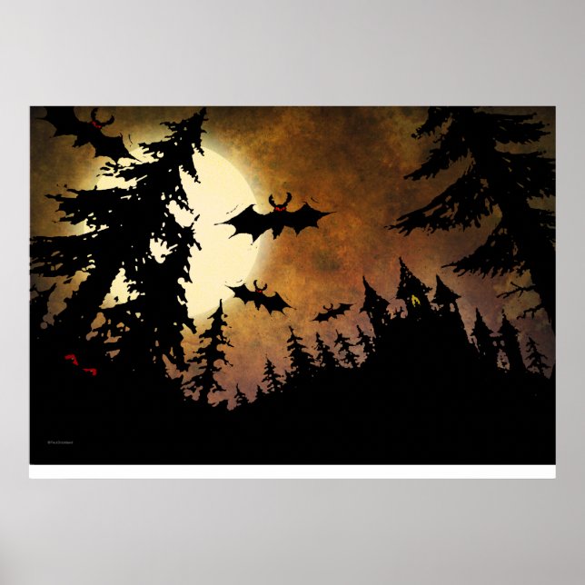 Halloween Bats, Castle and Moon Poster (Front)
