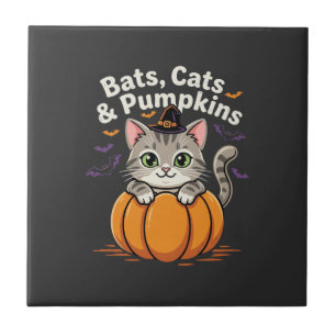 Halloween Bats Cats and Pumpkins Cute Kitten Desig Ceramic Tile