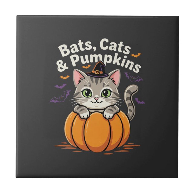 Halloween Bats Cats and Pumpkins Cute Kitten Desig Ceramic Tile (Front)