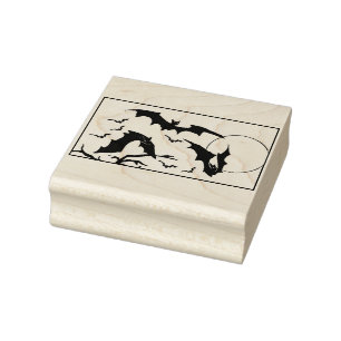 Halloween Bats Flying with Full Moon Rubber Stamp