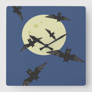 Halloween Bats flying with moon Square Wall Clock
