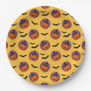 Halloween Bats & Jack-O-Lantern Yellow Paper Plate