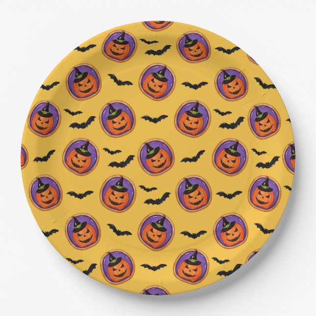 Halloween Bats & Jack-O-Lantern Yellow Paper Plate (Front)