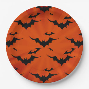 Halloween Bats on Orange Background Paper Plate