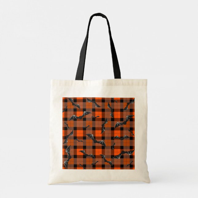 Halloween Bats On Plaid Tote Bag (Back)