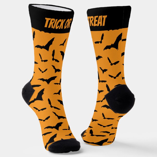 Halloween Bats Orange and Black Custom Text Socks (Angled)