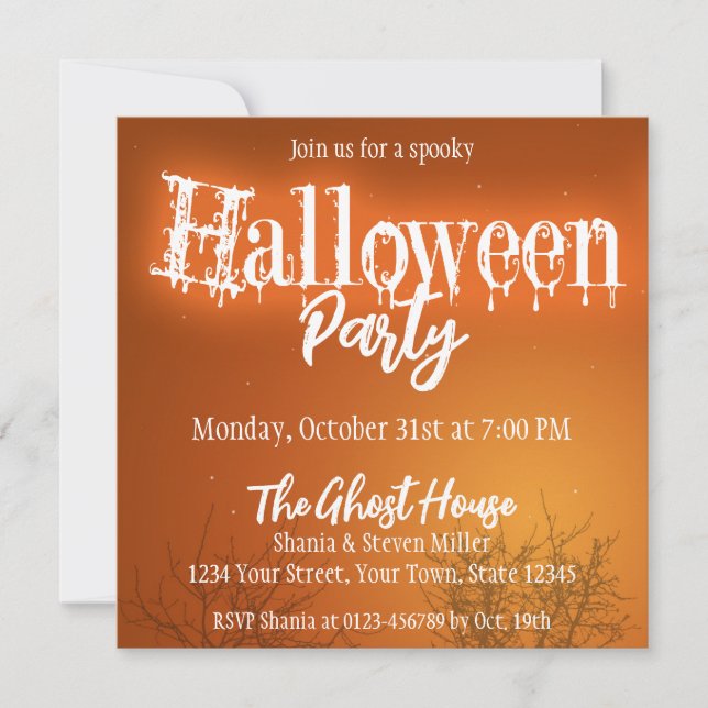 Halloween Bats Trees Orange Night Party Invitation (Front)