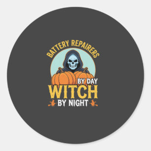 Halloween Battery Repairer Witch By Night Design Classic Round Sticker