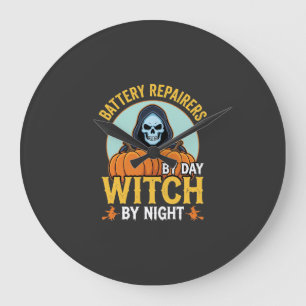 Halloween Battery Repairer Witch By Night Design Large Clock