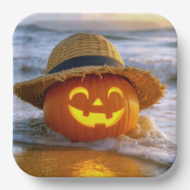 Halloween Beach Jack-o-lantern Paper Plate (Front)